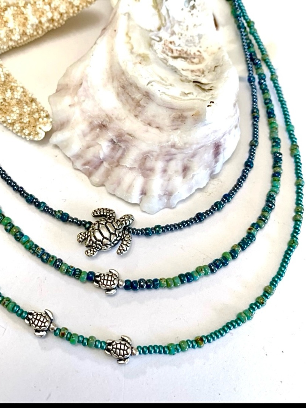 Sea Turtle Famiy Picasso Bead 3 Layer Necklace